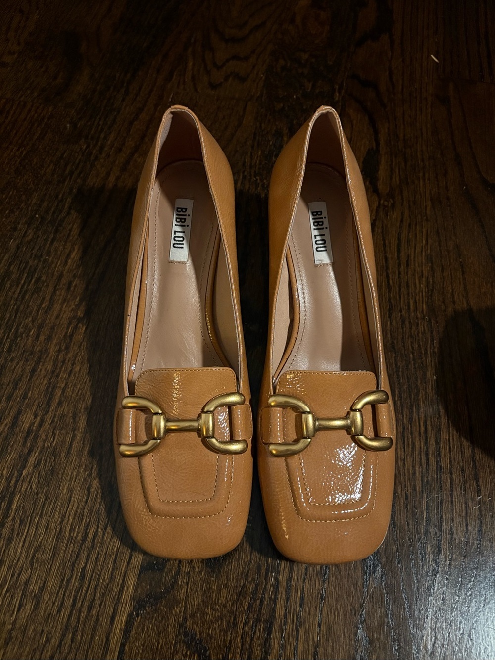 Bibi Lou Tan Leather Loafers with Gold Hardware